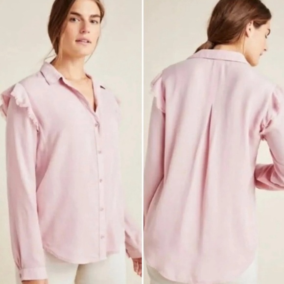 cloth & stone Tops - Anthropologie Cloth & Stone Pink Frayed Ruffle Shoulder Button Down Shirt Size L